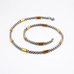 Unisex Stainless Steel Two Tone Box Chain Necklace With Cylindrical Tube Accents Minimalist Titanium Steel Jewelry Neckpiece