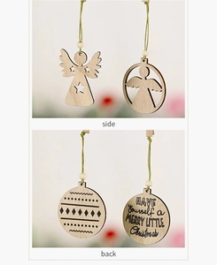 Detail view of wooden angel Christmas ornament with laser-cut stars and green twine