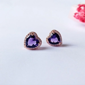 Elegant purple heart-shaped crystal stud earrings with rose gold halo setting