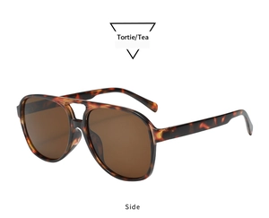 Side view of tortoise shell aviator sunglasses with double bridge and tea lenses