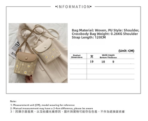 Size guide for woven straw crossbody bag with daisy embroidery and material specifications