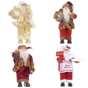 Standing Santa Claus figurines set in gold, red plaid, and chef styles for Christmas decor
