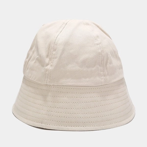 Detail of beige cotton bucket hat showing reinforced multi-row stitching on the brim
