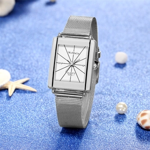 Silver mesh band rectangular quartz watch with diamond accents and sunburst dial