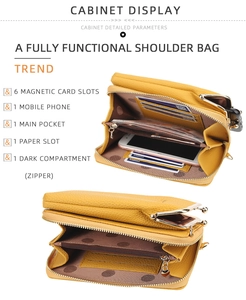 Vertical yellow shoulder bag with 6 card slots and mobile phone compartment detail