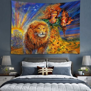 Artistic wall tapestry featuring sun goddess and lion in vivid golden and blue tones