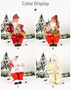 Detail display of four sitting Santa Claus dolls in various festive outfits and styles