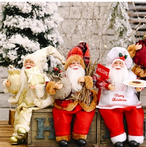 Detailed view of three decorative Christmas Santa dolls with various outfits and holiday props