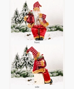 Front and side views of a sitting Santa Claus doll in red velvet with a gift bag