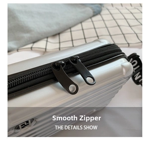 Macro shot of smooth dual zippers and hardshell groove design on silver mini suitcase bag