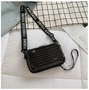 Mini black hardshell suitcase crossbody bag with Forever Young lettered wide strap