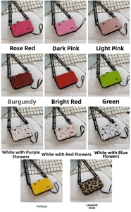 Matrix display of mini suitcase crossbody bags in diverse colors and floral patterns