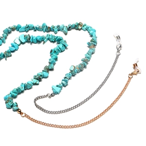 Fashionable turquoise bead and gold metal chain eyewear holder with silicone loops