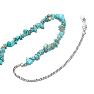 Detail of turquoise bead chain with silver metal link and silicone non-slip eyewear loop