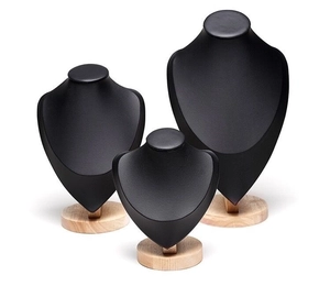 Set of 3 black leather necklace display busts with wood base for jewelry presentation