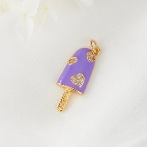 Gold plated ice cream pendant with purple enamel and zircon heart details