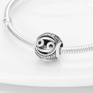 Silver Cancer zodiac charm bead with white zircon stones for DIY bracelet jewelry