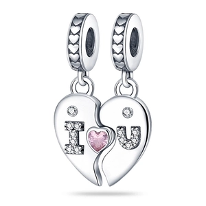 Silver heart-shaped charms with pink zircon and I U letters for jewelry making