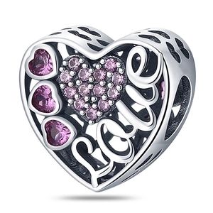 Detail of silver heart charm with pink cubic zirconia and Love inscription