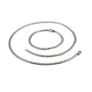 Silver stainless steel Cuban link necklace and bracelet set for men with lobster clasps