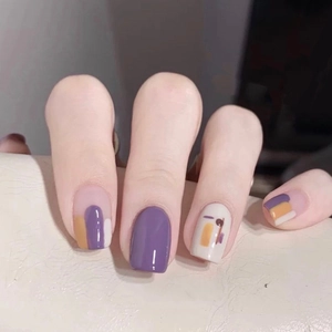 Purple Graffiti Abstract Geometric Press On Nails Square Full Cover Removable Fake Nails Acrylic Manicure