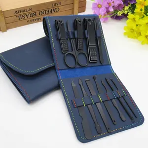 Detail of 12pcs matte black manicure set in blue lychee pattern leather case with rainbow stitching