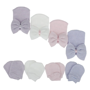 Juego de gorros y manoplas de punto para recién nacido con lazos grandes y rayas pastel