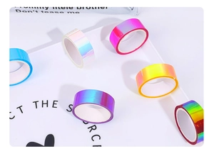 Detail of six colorful holographic laser tapes for creative scrapbooking and DIY journals