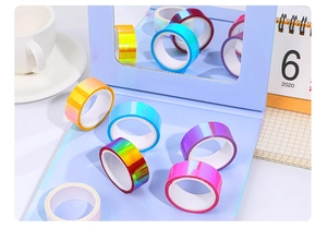 Close-up of holographic rainbow tapes with reflective laser finish for scrapbooking