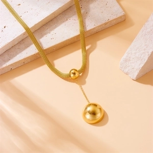 Gold stainless steel mesh chain necklace featuring minimalist double sphere pendants