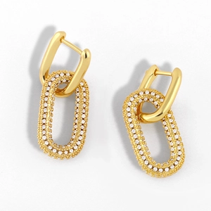 Golden geometric interlocking double hoop earrings with pavé white zircon stones