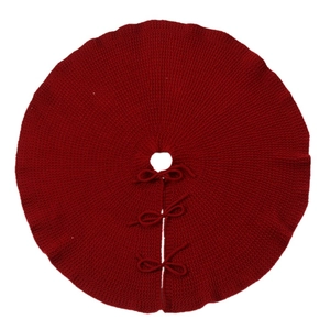 Classic red knitted Christmas tree skirt with round design and three elegant bow ties