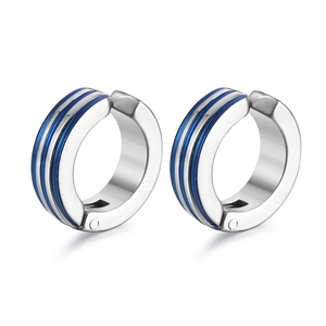 Detail of silver stainless steel clip-on earrings with three blue striped accents