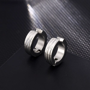 Silver titanium steel clip-on earrings for men with three vertical stripe grooves
