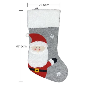 Gray felt Christmas stocking with Santa Claus applique and plush cuff, 47.5cm tall