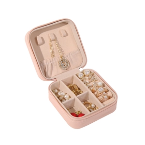 Pink square portable travel jewelry organizer with zipper and multi-layer storage compartments