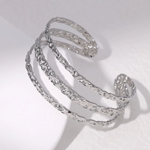 Bracciale rigido multistrato in acciaio inossidabile argento con finitura texture martellata
