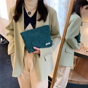 Dark green corduroy cosmetic bag with large capacity and soft ribbed texture