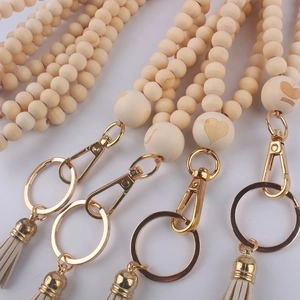 Boho wood bead lanyard for teacher or nurse badge with leather tassel and heart detail