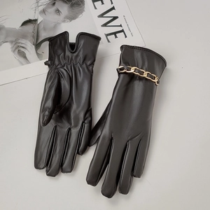 Chic black PU leather gloves for women with gold chain detail and warm lining for fashion