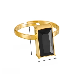 Golden stainless steel ring with rectangle black zircon and dimension measurements