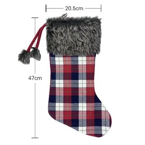 Classic plaid Christmas stocking with gray faux fur trim and pom-poms, 47cm height