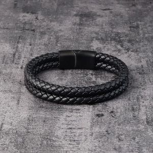 Men's double-layered black woven leather bracelet with a matte black magnetic metal clasp