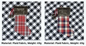 Detail of plaid Christmas stockings with faux fur trim and red lanyards weighing 69g