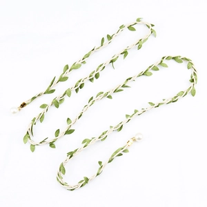 Handmade forest style braided waist rope with green leaves and white pearls for women