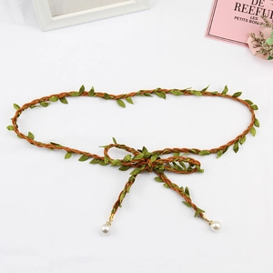 Bohemian hand-woven brown waist rope with green leaves and white faux pearl charms