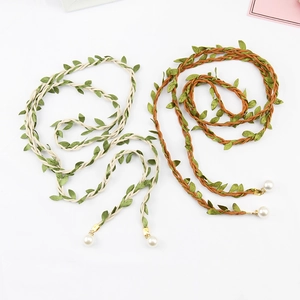Women Woven Waist Chain Belt With Green Leaf Decoration And Faux Artificial Pearl Dangle Bohemian Forest Style