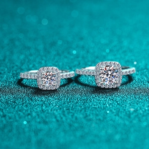 Classic 925 sterling silver moissanite rings with square cluster design on blue background