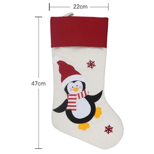 Large 47cm Christmas stocking with penguin motif and red snowflakes decoration