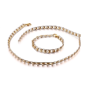 Stainless Steel Jewelry Necklace And Bracelet Curb Chain Two Tone Gold Silver Embossed Hip Hop Unisex Accessory